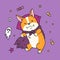 Halloween corgi dog in vampire costume with ghost and toys