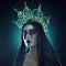 Halloween, costume makeup portrait and grunge Korean cosmetics with grunge royalty aesthetic. Cosplay, goth fashion and