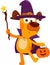 Halloween Costumed Dog Cartoon Character With Magic Wand And Pumpkin Bag