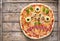 Halloween creative scary food eye monster zombie face pizza snack with mozzarella