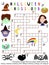 Halloween crossword with black cat, wizard, vampire, magic wand, spider, zombie