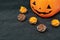 Halloween cupcake arrangement background with chocolate cupcakes