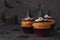 Halloween cupcakes decorated witch hat from mastic. Sweets for kids on Halloween party
