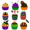 Halloween cupcakes. Vector flat icons. Halloween bakery. Sweet Party food