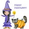 Halloween cute card.Black-haired witch in a purple dress with mushrooms.  Black cat in orange pumpkin.