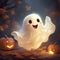 Halloween cute ghost and jack lantern pumpkin. Funny childish spirit design. Holiday treak or treat illustration