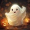 Halloween cute ghost and jack lantern pumpkin. Funny childish spirit design. Holiday treak or treat illustration