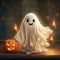 Halloween cute ghost and jack lantern pumpkin. Funny childish spirit design. Holiday treak or treat illustration