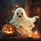 Halloween cute ghost and jack lantern pumpkin. Funny childish spirit design. Holiday treak or treat illustration
