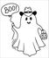 Halloween cute grost cowboy illustration. Vector hand drawn halloween ghost in cowboy hat and lasso Boo holiday text isolated on
