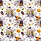 Halloween cute seamless pattern with a moon, bat, spider, cat, candles and grave. Children design for clothes, wrapping paper,