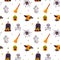 Halloween cute seamless pattern with a skull and crossbones, broom, ghost, moon, bat, spider and grave. Children design for