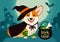 Halloween cute smiling welsh corgi dog in witch costume, black h