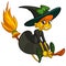 Halloween cute witch flying on her broom. Vector cartoon sticker