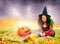 Halloween cute wizard portrait girl with pumpkin