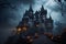 Halloween dark castle moonlight shining. Generative AI