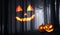 Halloween dark forest background and pumpkins