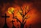 Halloween dark grunge grain concept background with scary dead tree and spooky silhouette crosses and full mo