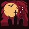 Halloween dark haunted castle in cemetery scene