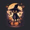 Halloween dark night pumpkin scarecrow full moon night on the fall and dark forest. Many crosses, An owl perched on a branch,