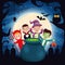 Halloween dark scene with kids disguised and cauldron