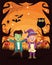 Halloween dark scene with kids disguised characters