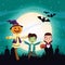 Halloween dark scene with kids disguised characters