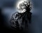 Halloween and dark tree with cemetery on light white moon. Vector illustration.