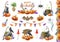 Halloween decor illustration set. Hand drawn halloween watercolor collection. Scary Jack head pumpkin, black cat, bat