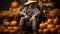 Halloween Decorated porch with pumpkins, hay bails and eerie ghostly figure sitting - generative AI