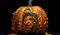 Halloween decorated pumpkin on black background. AI generated
