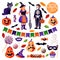 Halloween decoration design elements set. Vector flat cartoon illustration. Pumpkin, candy, black cat, bat, skull icons