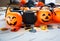 Halloween decoration with lanterns, pumpkins