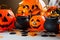 Halloween decoration with lanterns, pumpkins