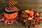 Halloween decoration: painted pumpkin and autumn garland. Above view