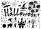 Halloween decoration set black: pumpkin jack lanterns, bats, spider and cobweb, witch hat, ghosts, creepy castle, tree