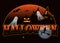 Halloween decorations. Background with castle, pumpkin, bats and ghost, young witch and moon. Vector