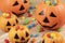 Halloween decorations using plastic pumkins and jelly beans