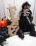 Halloween decorations: witch, black mice, pumpkins and sign EEK