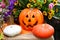 Halloween Decorative Pumpkin with real Pumpkins and Flowers in the Background