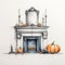 Halloween Decorative Sketch Of Fireplace With Pumpkins