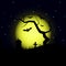 Halloween design background with spooky graveyard, naked tree, graves and bats