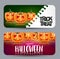 Halloween design. Card or banner with orange pumpkin faces with glowing eyes.