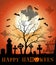 Halloween design. Greeting card with haunted cemetery