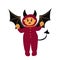 Halloween devil boy in a funny costume. Flat male demon kid in a red costume with horns, a trident, and pumpkin for