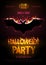 Halloween disco party poster with burning letters and bat silhouette. Halloween background