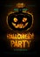 Halloween disco party poster with burning letters and jack o lantern. Halloween background