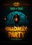 Halloween disco party poster with burning letters and spooky spider silhouette. Halloween background