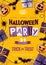 Halloween disco party poster with jack o lantern and gift boxes. Halloween background