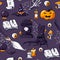 Halloween doodle image set on violet background. Seamless halloween doodle pattern. Vector hand drawn objects zombie